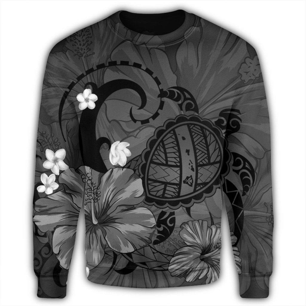 Hawaiian Map Big Turtle Hibiscus Plumeria Tribal Polynesian Sweatshirt - Gray - AH - Polynesian Pride