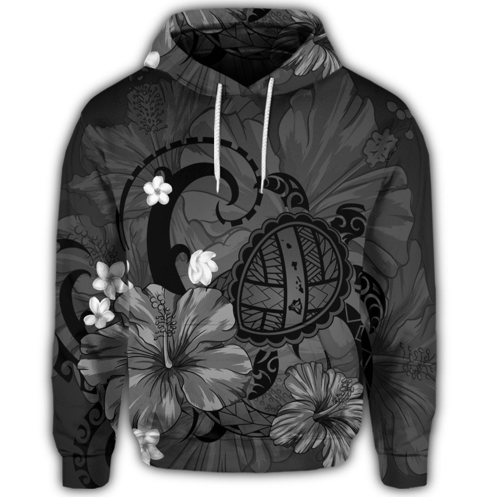 Hawaiian Map Big Turtle Hibiscus Plumeria Tribal Polynesian Hoodie Gray - Polynesian Pride