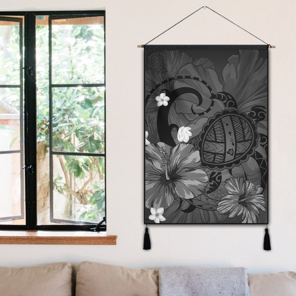 Hawaiian Map Big Turtle Hibiscus Plumeria Tribal Polynesian Hanging Poster - Gray - AH - Polynesian Pride