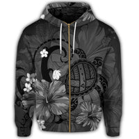 Hawaiian Map Big Turtle Hibiscus Plumeria Tribal Polynesian Zip Hoodie Gray - Polynesian Pride