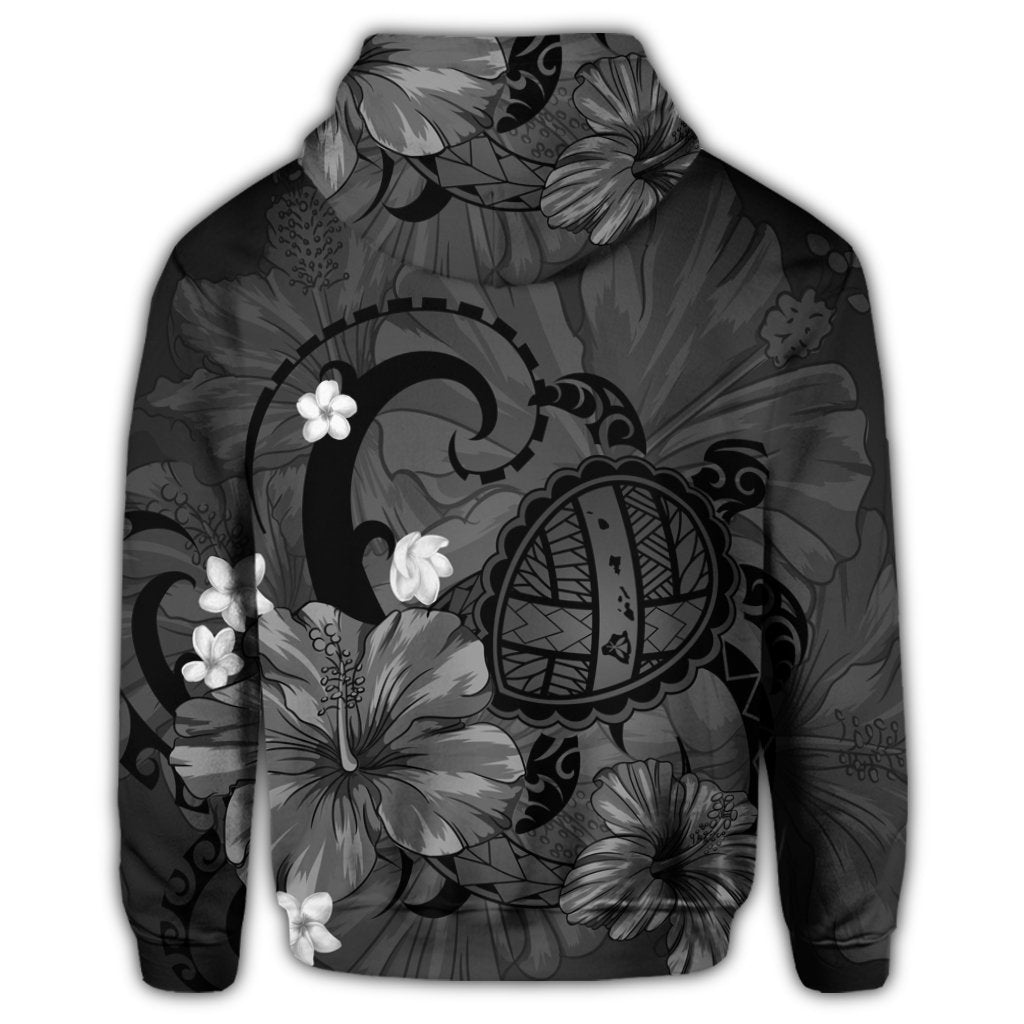 Hawaiian Map Big Turtle Hibiscus Plumeria Tribal Polynesian Zip Hoodie Gray - Polynesian Pride