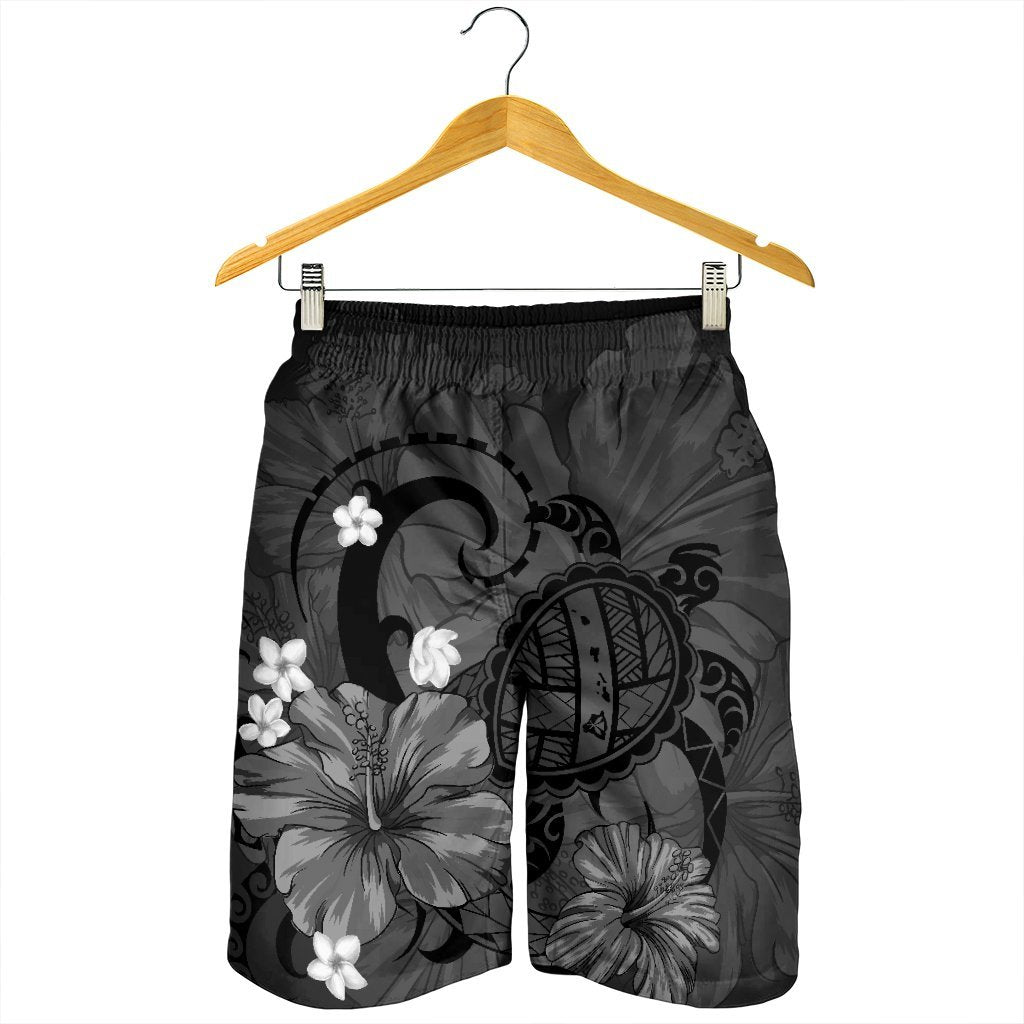Hawaiian Map Big Turtle Hibiscus Plumeria Tribal Polynesian Men's Shorts - Gray - AH - Polynesian Pride