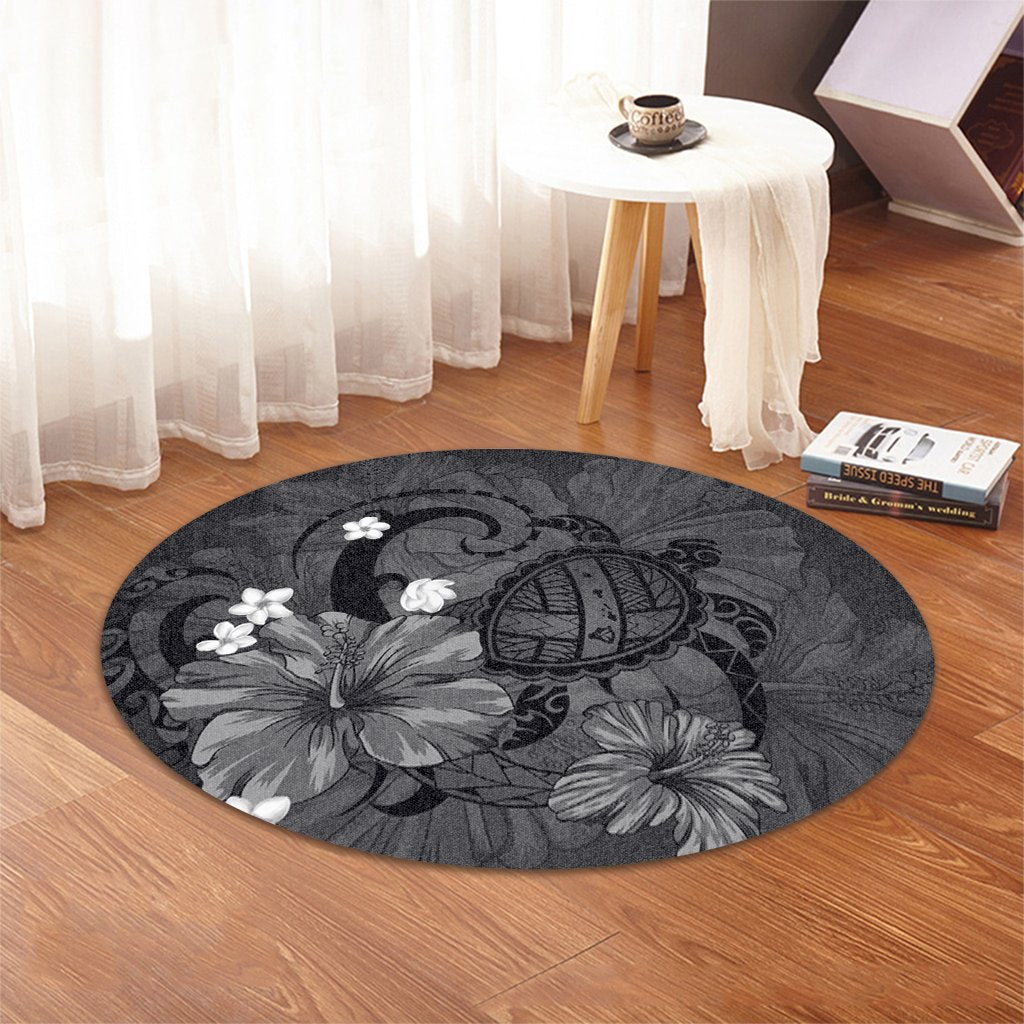 Hawaiian Map Big Turtle Hibiscus Plumeria Tribal Polynesian Round Carpet - Gray - AH - Polynesian Pride