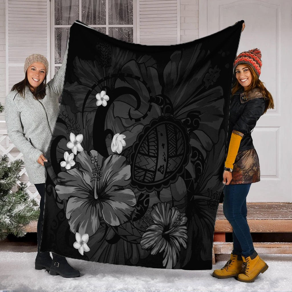 Hawaiian Map Big Turtle Hibiscus Plumeria Tribal Polynesian Premium Blankets - Gray - AH - Polynesian Pride