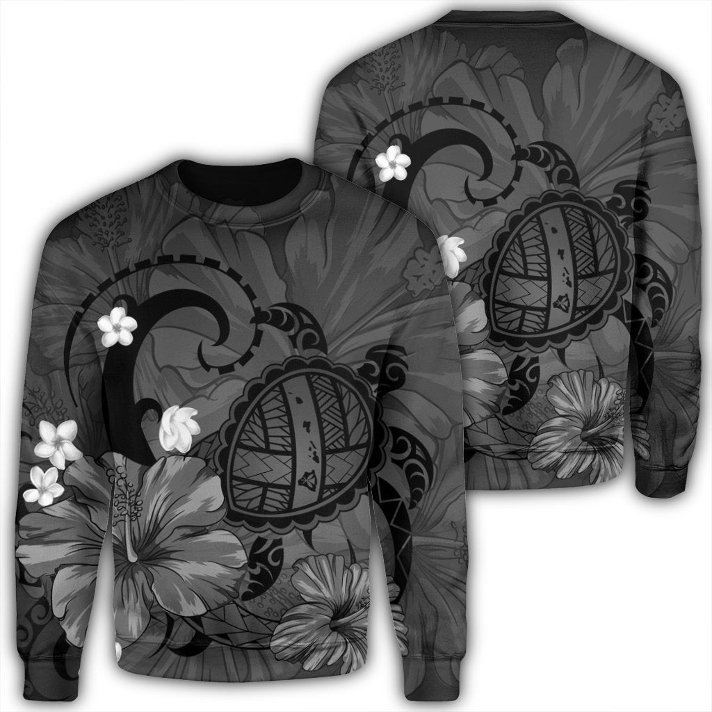 Hawaiian Map Big Turtle Hibiscus Plumeria Tribal Polynesian Sweatshirt - Gray - AH Unisex Black - Polynesian Pride