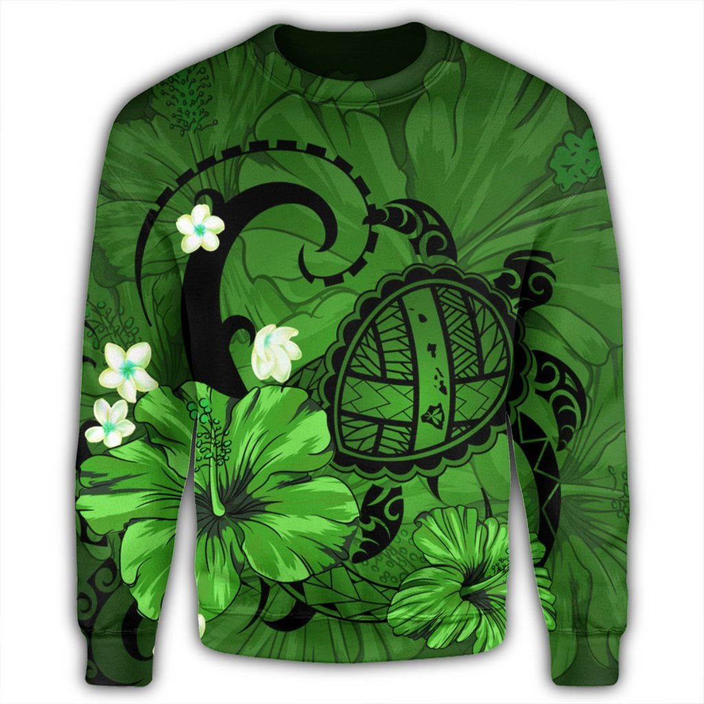 Hawaiian Map Big Turtle Hibiscus Plumeria Tribal Polynesian Sweatshirt - Green - AH - Polynesian Pride