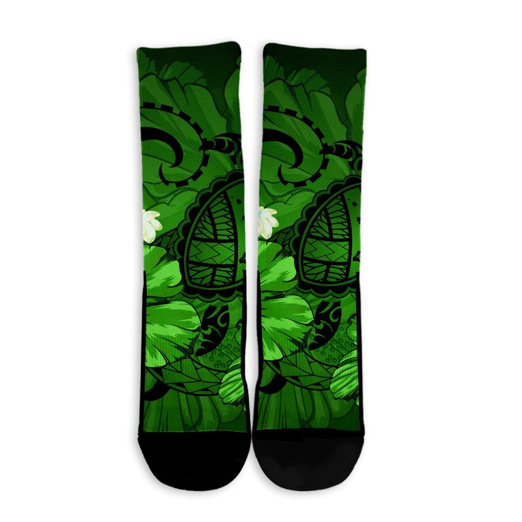 Hawaiian Map Big Turtle Hibiscus Plumeria Tribal Polynesian Crew Socks - Green - AH - Polynesian Pride