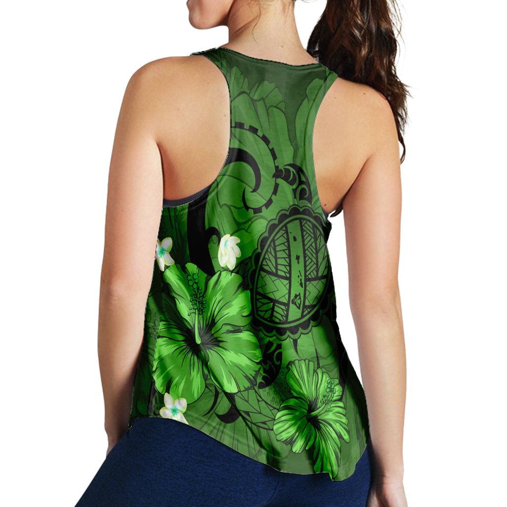 Hawaiian Map Big Turtle Hibiscus Plumeria Tribal Polynesian Racerback Tank - Green - AH - Polynesian Pride