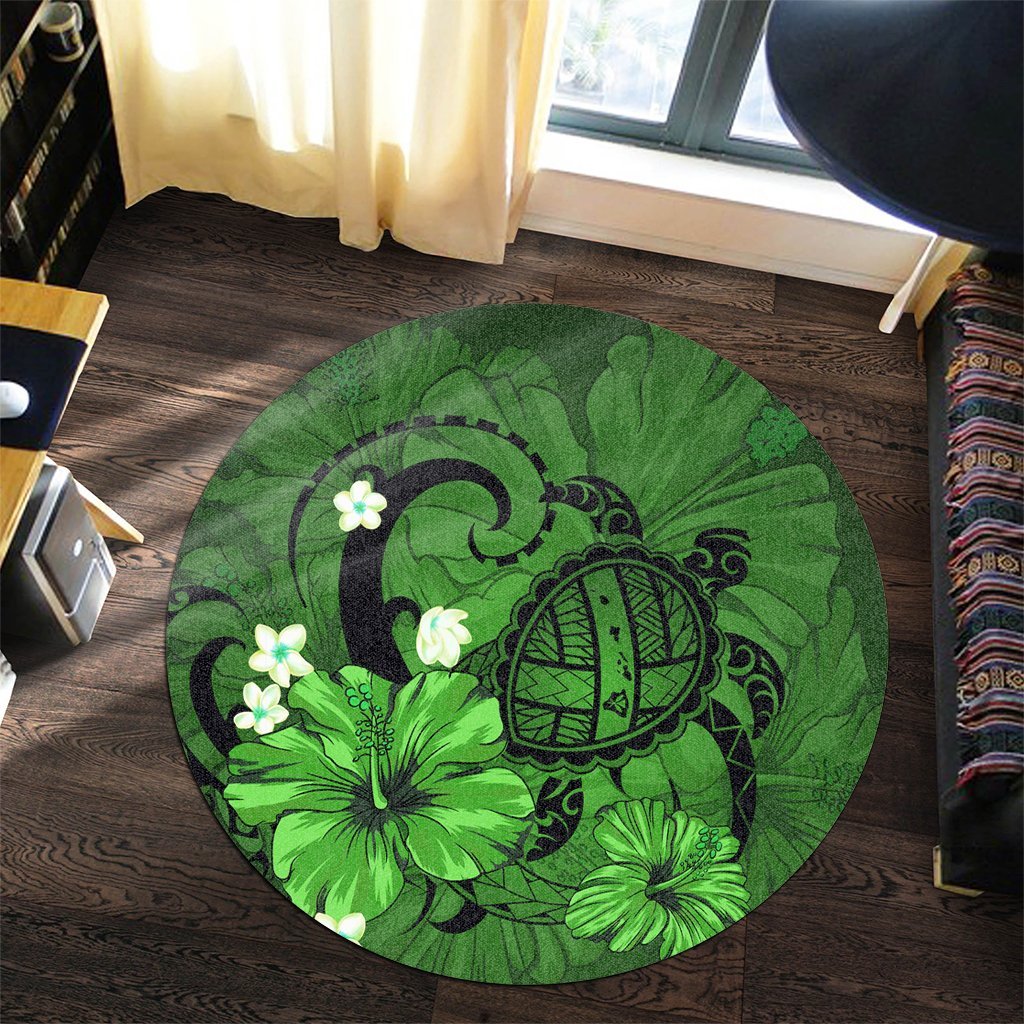 Hawaiian Map Big Turtle Hibiscus Plumeria Tribal Polynesian Round Carpet - Green - AH - Polynesian Pride