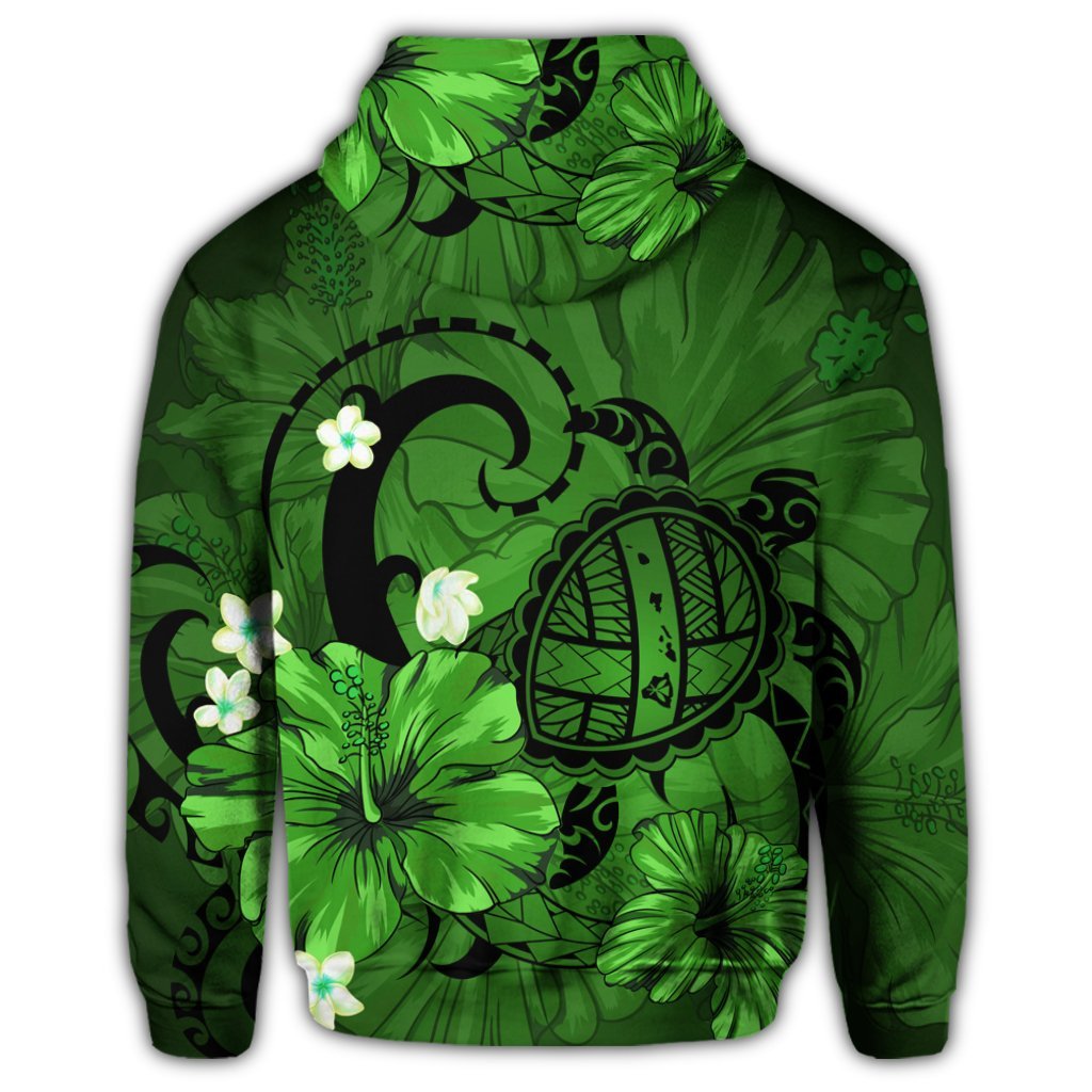 Hawaiian Map Big Turtle Hibiscus Plumeria Tribal Polynesian Zip Hoodie Green - Polynesian Pride