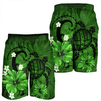 Hawaiian Map Big Turtle Hibiscus Plumeria Tribal Polynesian Men's Shorts - Green - AH - Polynesian Pride