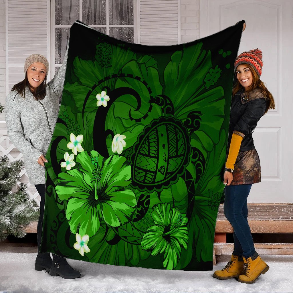 Hawaiian Map Big Turtle Hibiscus Plumeria Tribal Polynesian Premium Blankets - Green - AH - Polynesian Pride