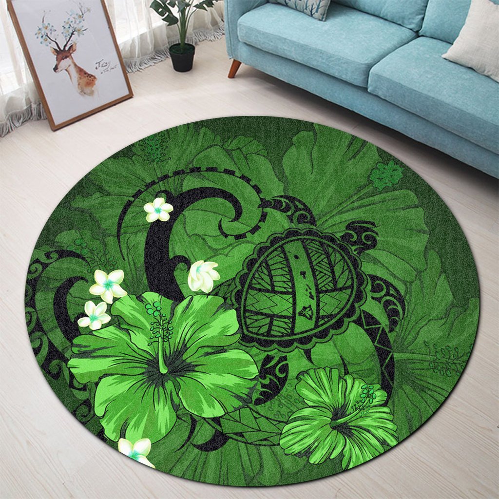 Hawaiian Map Big Turtle Hibiscus Plumeria Tribal Polynesian Round Carpet - Green - AH - Polynesian Pride