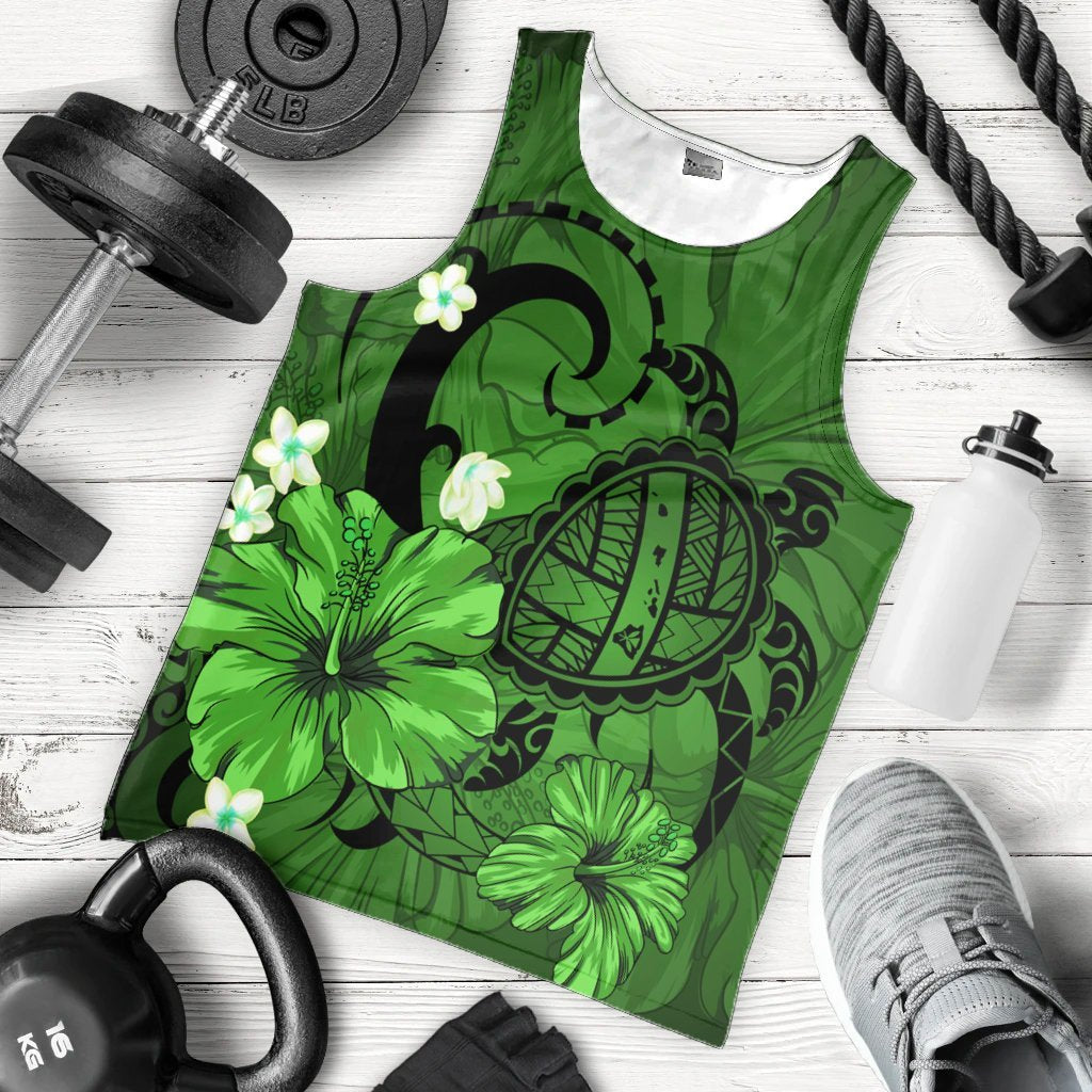 Hawaiian Map Big Turtle Hibiscus Plumeria Tribal Polynesian Tank Top - Green - AH - Polynesian Pride