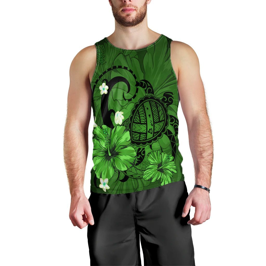 Hawaiian Map Big Turtle Hibiscus Plumeria Tribal Polynesian Tank Top - Green - AH Black - Polynesian Pride