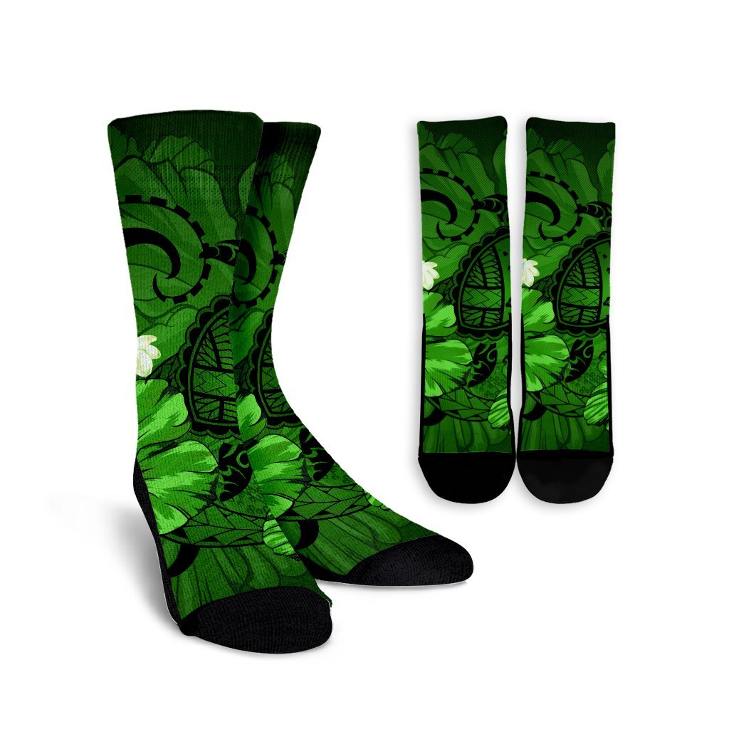 Hawaiian Map Big Turtle Hibiscus Plumeria Tribal Polynesian Crew Socks - Green - AH Crew Socks White - Polynesian Pride