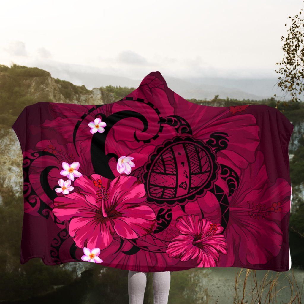 Hawaiian Map Big Turtle Hibiscus Plumeria Tribal Polynesian Hooded Blanket - Pink - AH - Polynesian Pride