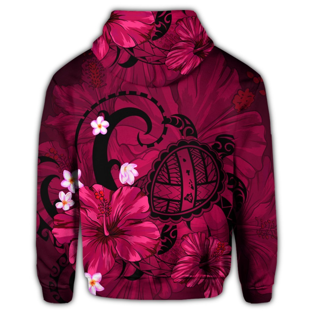 Hawaiian Map Big Turtle Hibiscus Plumeria Tribal Polynesian Zip Hoodie Pink - Polynesian Pride