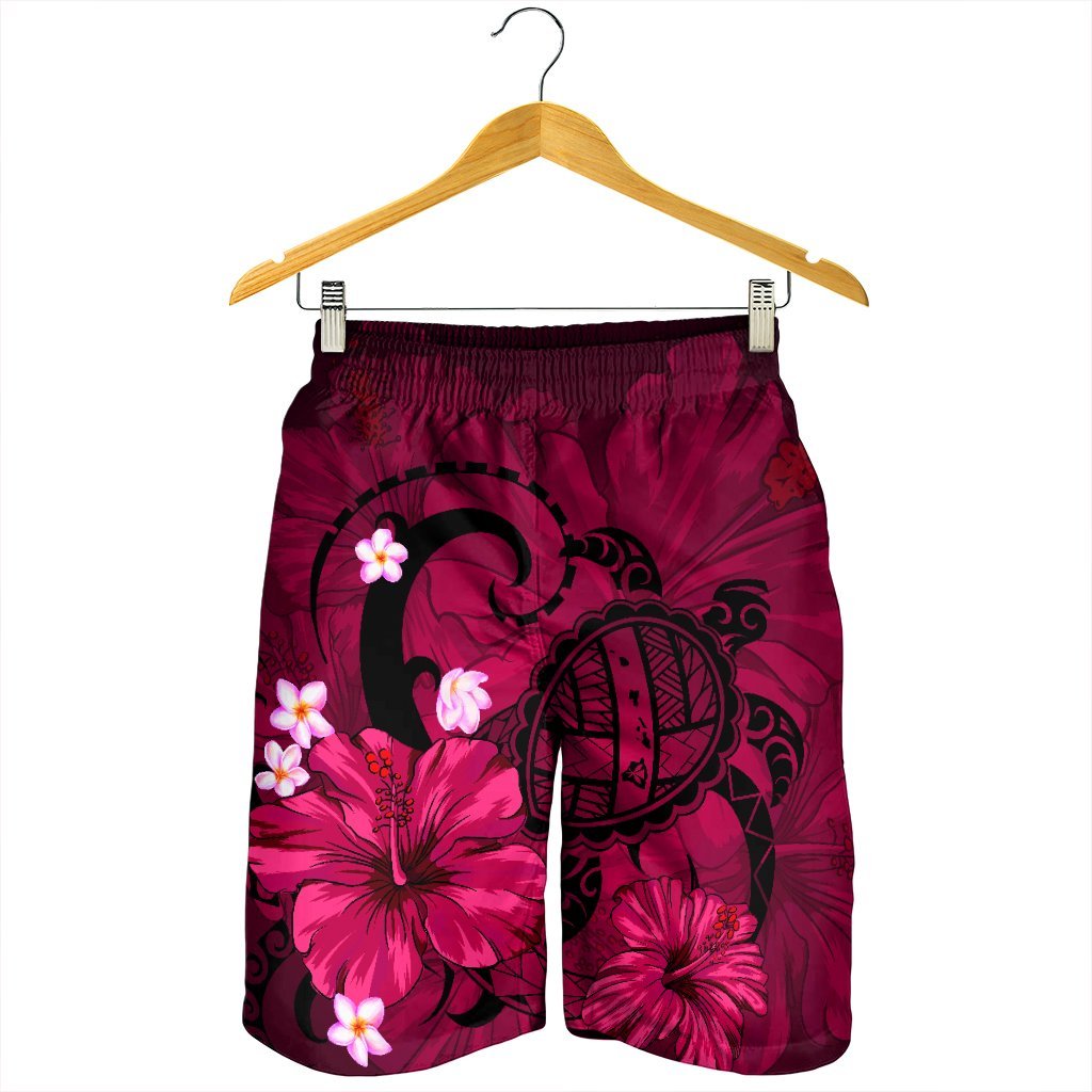 Hawaiian Map Big Turtle Hibiscus Plumeria Tribal Polynesian Men's Shorts - Pink - AH - Polynesian Pride