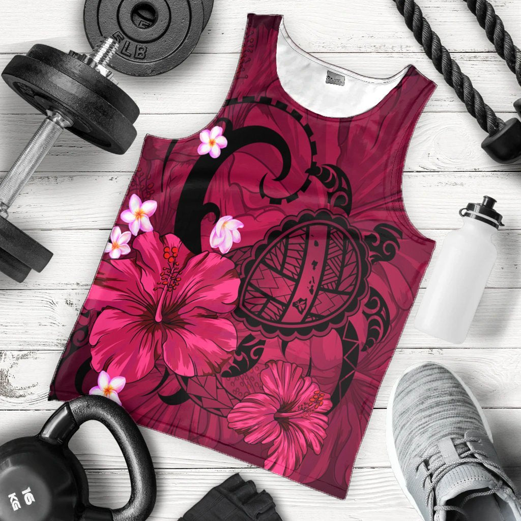 Hawaiian Map Big Turtle Hibiscus Plumeria Tribal Polynesian Tank Top - Pink - AH - Polynesian Pride