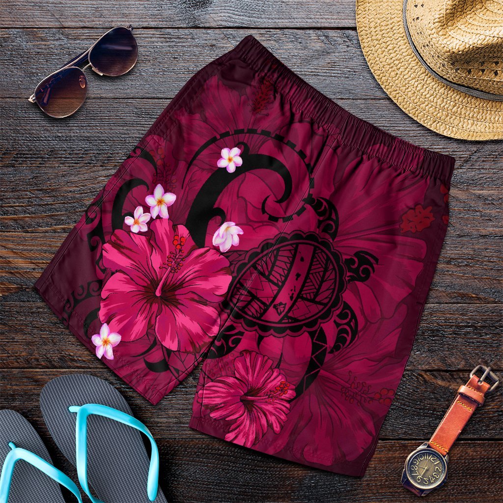 Hawaiian Map Big Turtle Hibiscus Plumeria Tribal Polynesian Men's Shorts - Pink - AH Art - Polynesian Pride