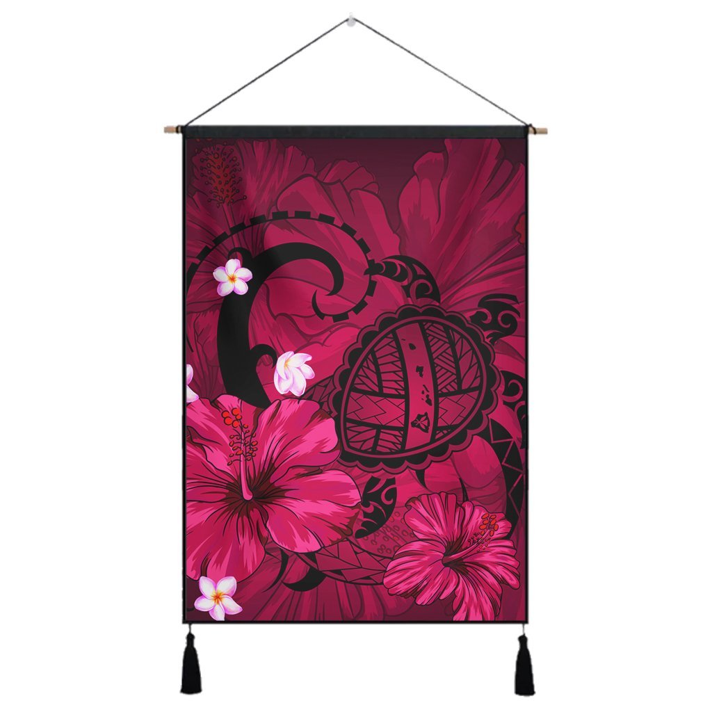 Hawaiian Map Big Turtle Hibiscus Plumeria Tribal Polynesian Hanging Poster - Pink - AH Hanging Poster Cotton And Linen - Polynesian Pride