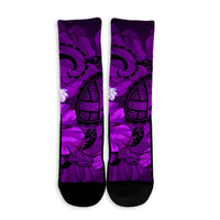 Hawaiian Map Big Turtle Hibiscus Plumeria Tribal Polynesian Crew Socks - Purple - AH - Polynesian Pride