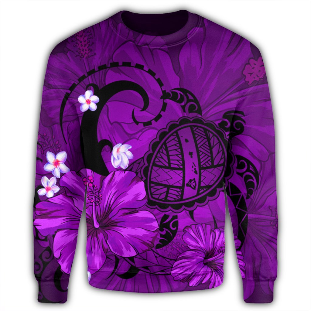 Hawaiian Map Big Turtle Hibiscus Plumeria Tribal Polynesian Sweatshirt - Purple - AH - Polynesian Pride