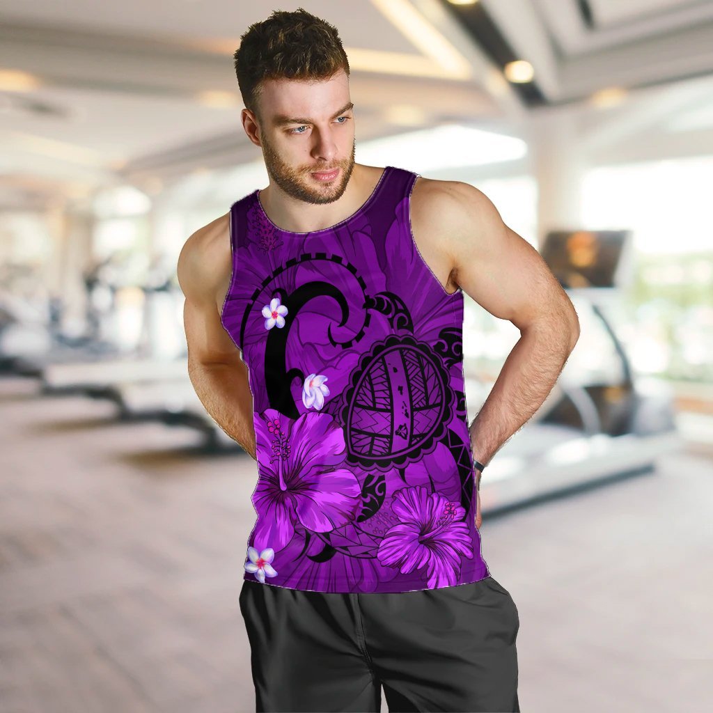 Hawaiian Map Big Turtle Hibiscus Plumeria Tribal Polynesian Tank Top - Purple - AH - Polynesian Pride
