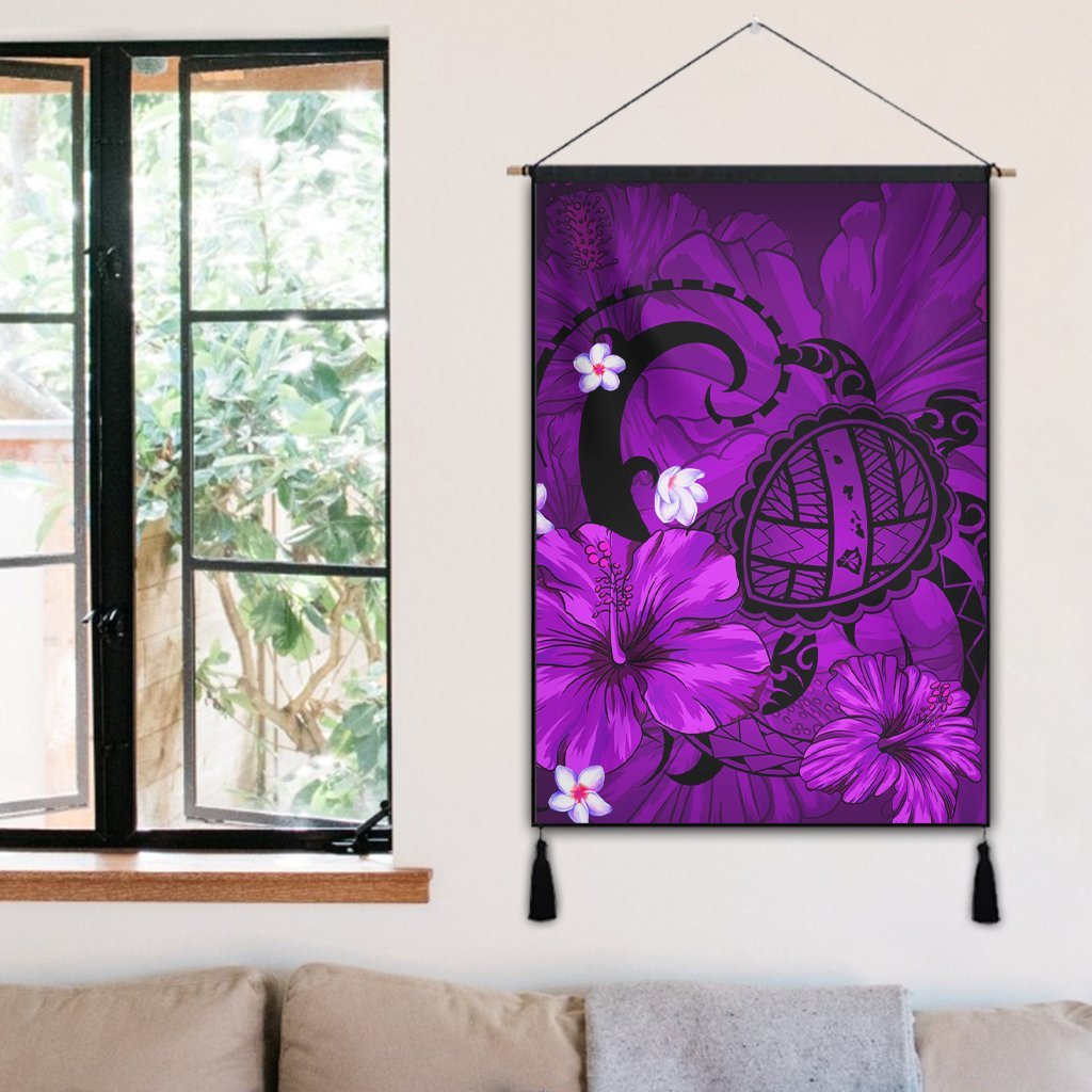Hawaiian Map Big Turtle Hibiscus Plumeria Tribal Polynesian Hanging Poster - Purple - AH - Polynesian Pride