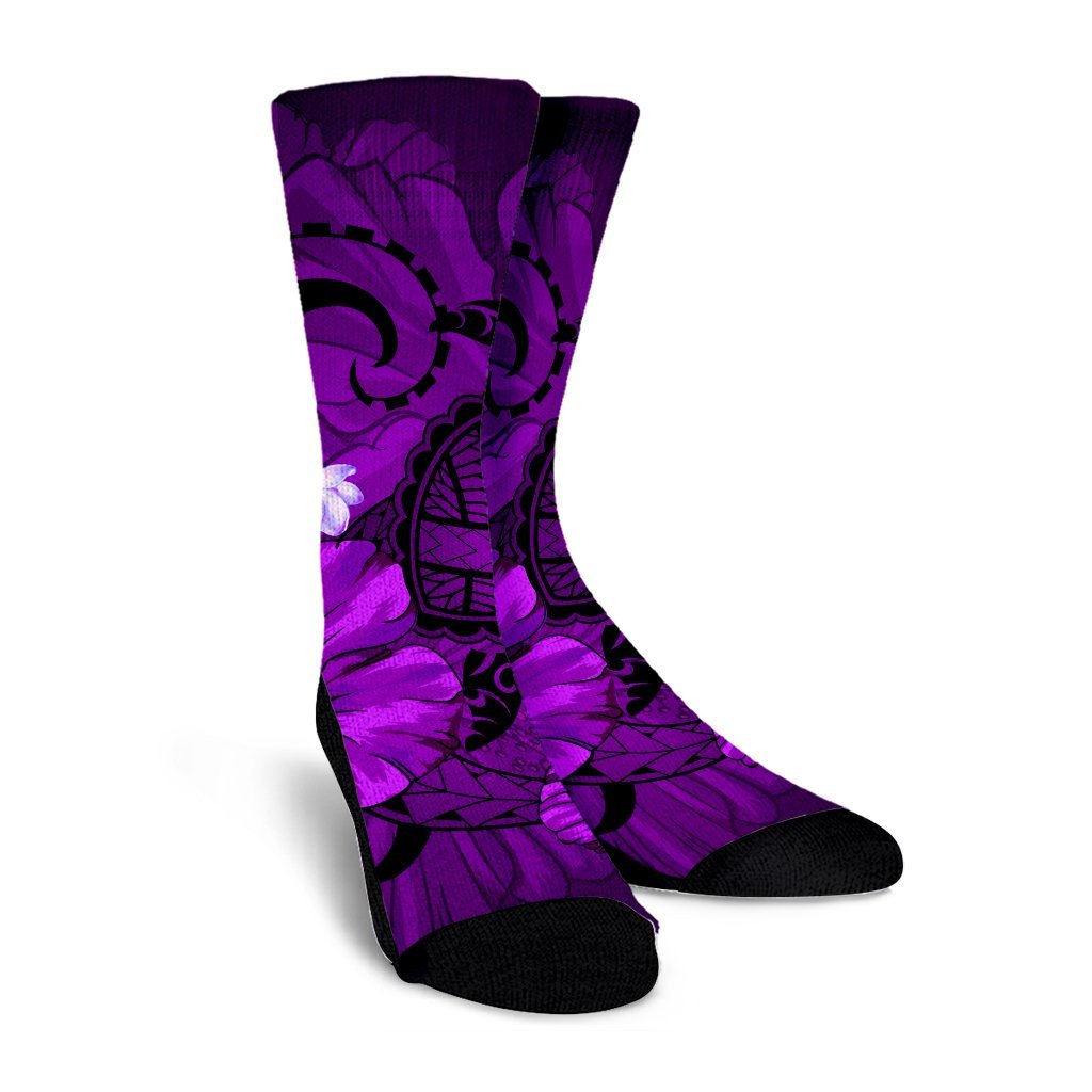 Hawaiian Map Big Turtle Hibiscus Plumeria Tribal Polynesian Crew Socks - Purple - AH - Polynesian Pride