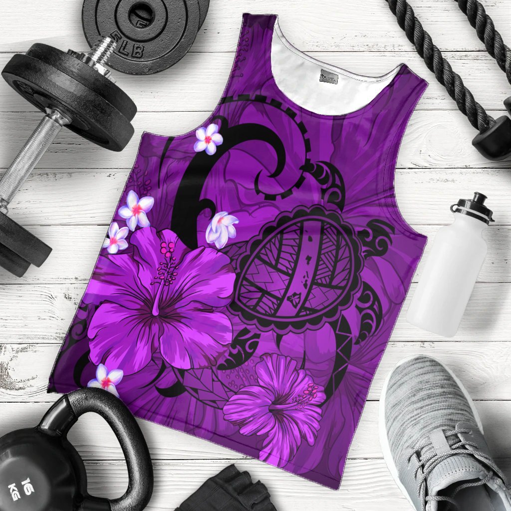Hawaiian Map Big Turtle Hibiscus Plumeria Tribal Polynesian Tank Top - Purple - AH - Polynesian Pride