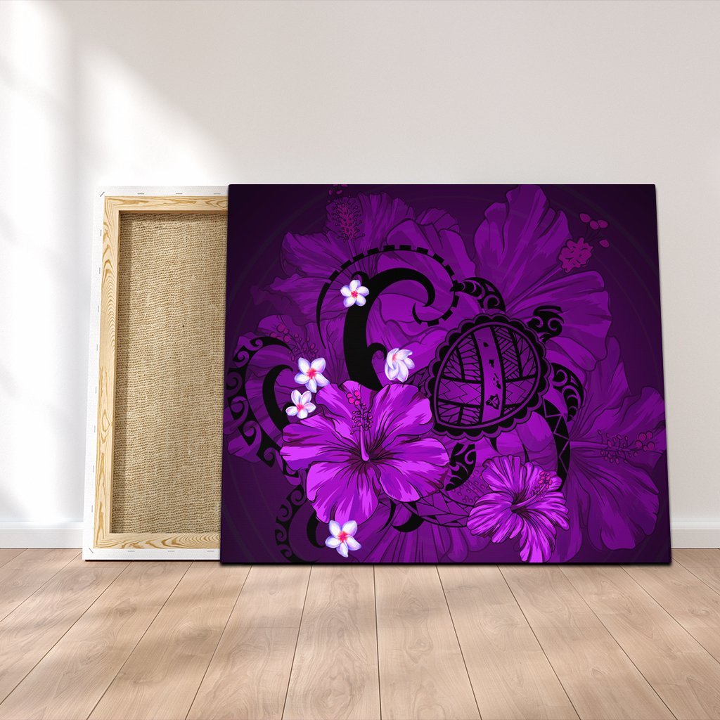 Hawaiian Map Big Turtle Hibiscus Plumeria Tribal Polynesian Canvas - Purple - AH Canvas Poly-cotton - Polynesian Pride