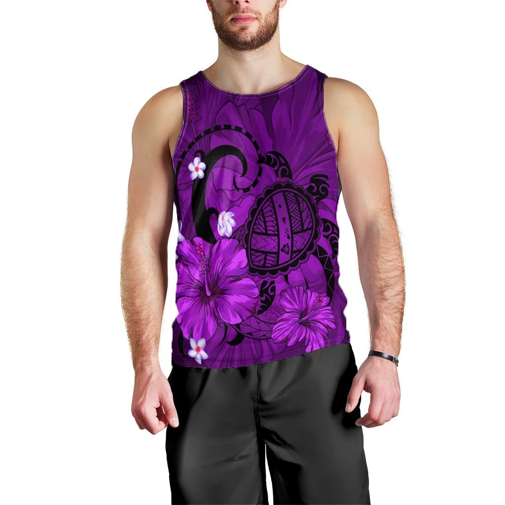Hawaiian Map Big Turtle Hibiscus Plumeria Tribal Polynesian Tank Top - Purple - AH Black - Polynesian Pride
