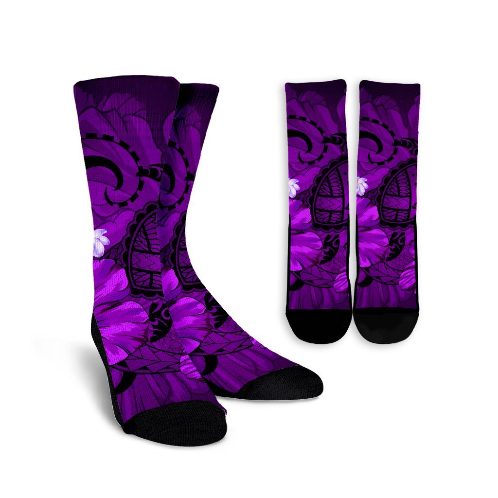 Hawaiian Map Big Turtle Hibiscus Plumeria Tribal Polynesian Crew Socks - Purple - AH Crew Socks White - Polynesian Pride