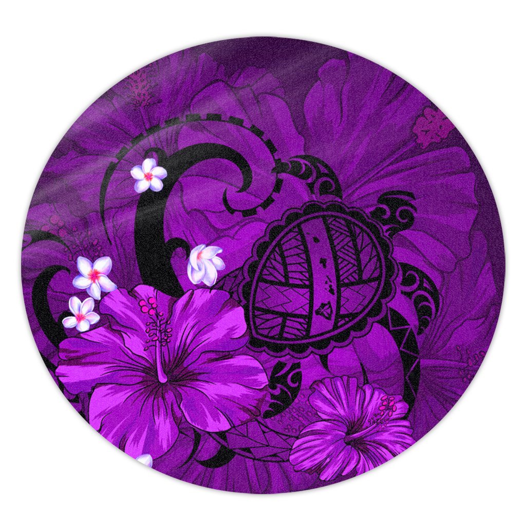 Hawaiian Map Big Turtle Hibiscus Plumeria Tribal Polynesian Round Carpet - Purple - AH Round Carpet Luxurious Plush - Polynesian Pride