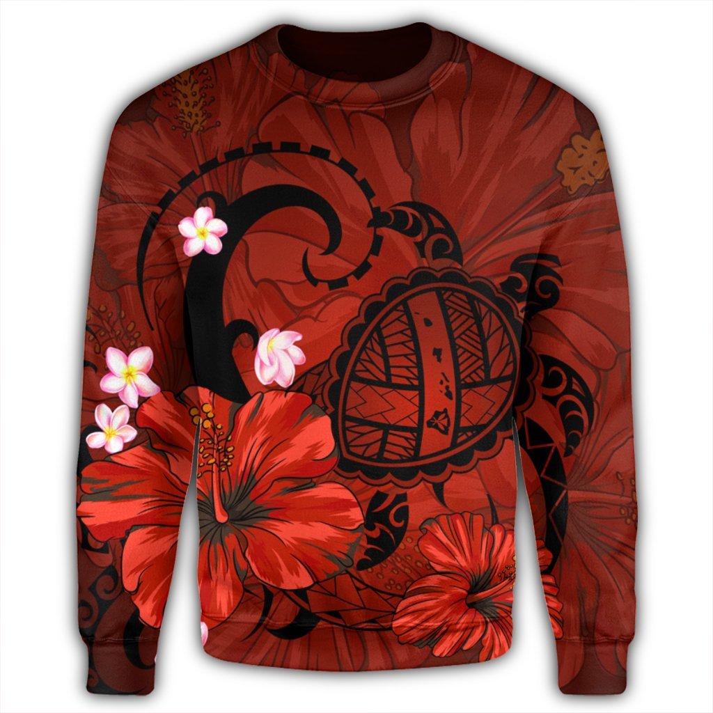 Hawaiian Map Big Turtle Hibiscus Plumeria Tribal Polynesian Sweatshirt - Red - AH - Polynesian Pride