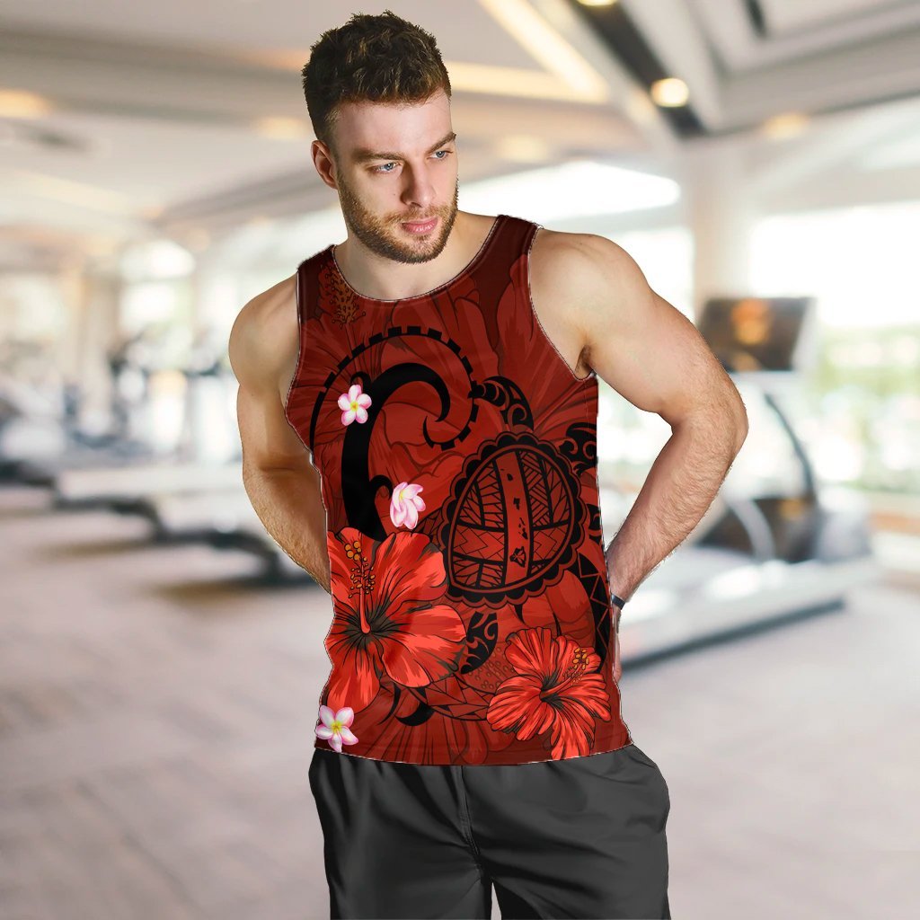 Hawaiian Map Big Turtle Hibiscus Plumeria Tribal Polynesian Tank Top - Red - AH - Polynesian Pride