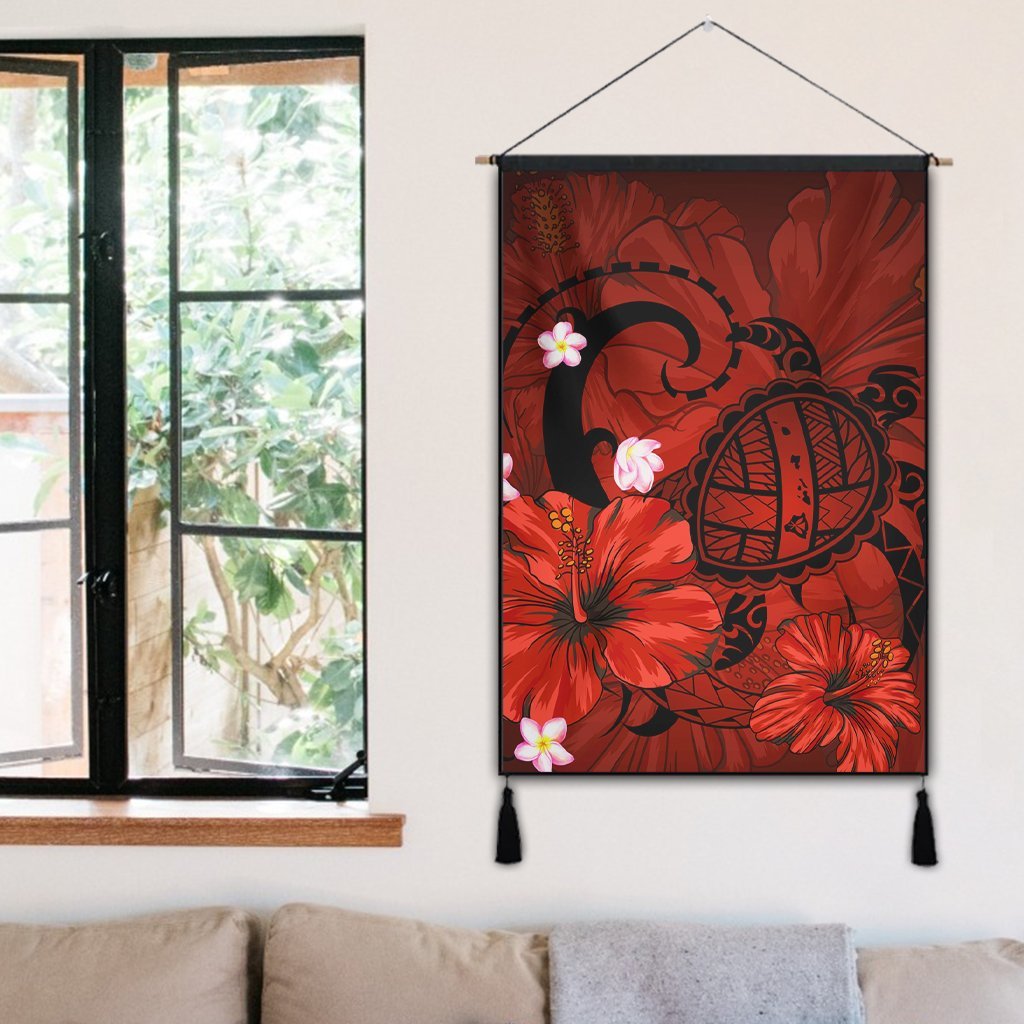 Hawaiian Map Big Turtle Hibiscus Plumeria Tribal Polynesian Hanging Poster - Red - AH - Polynesian Pride