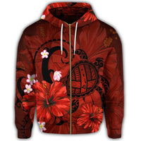 Hawaiian Map Big Turtle Hibiscus Plumeria Tribal Polynesian Zip Hoodie Red - Polynesian Pride