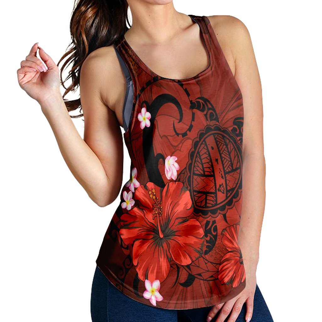 Hawaiian Map Big Turtle Hibiscus Plumeria Tribal Polynesian Racerback Tank - Red - AH - Polynesian Pride