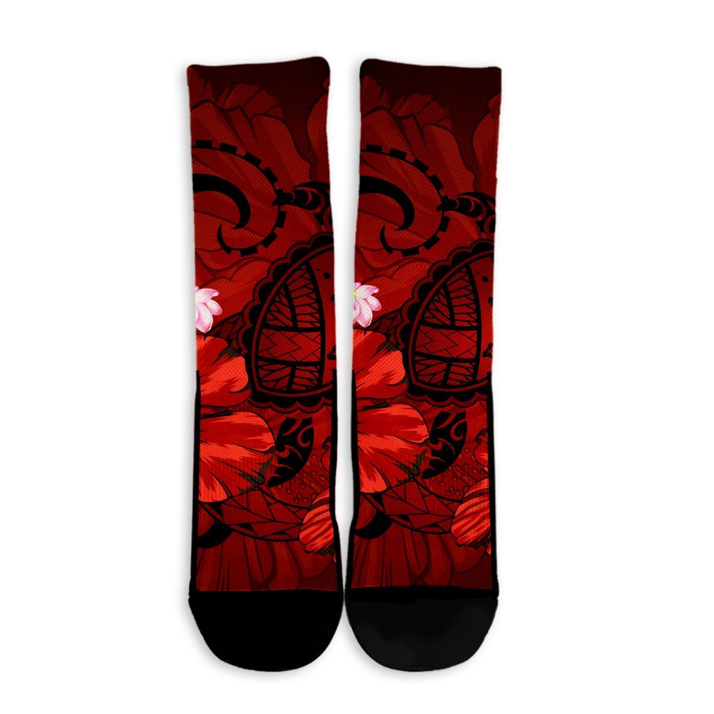 Hawaiian Map Big Turtle Hibiscus Plumeria Tribal Polynesian Crew Socks - Red - AH - Polynesian Pride
