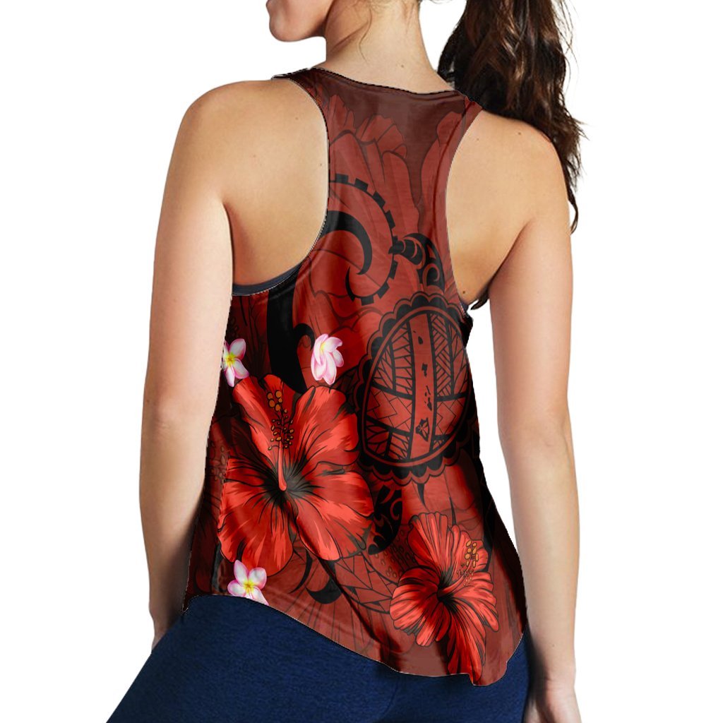 Hawaiian Map Big Turtle Hibiscus Plumeria Tribal Polynesian Racerback Tank - Red - AH - Polynesian Pride
