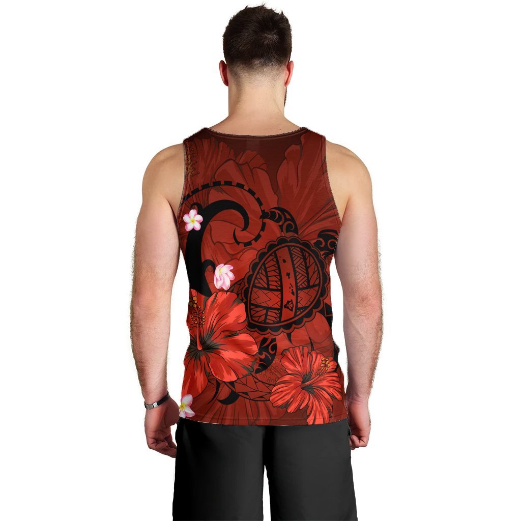 Hawaiian Map Big Turtle Hibiscus Plumeria Tribal Polynesian Tank Top - Red - AH - Polynesian Pride