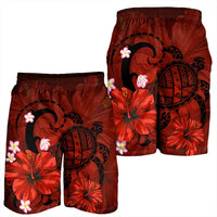 Hawaiian Map Big Turtle Hibiscus Plumeria Tribal Polynesian Men's Shorts - Red - AH - Polynesian Pride