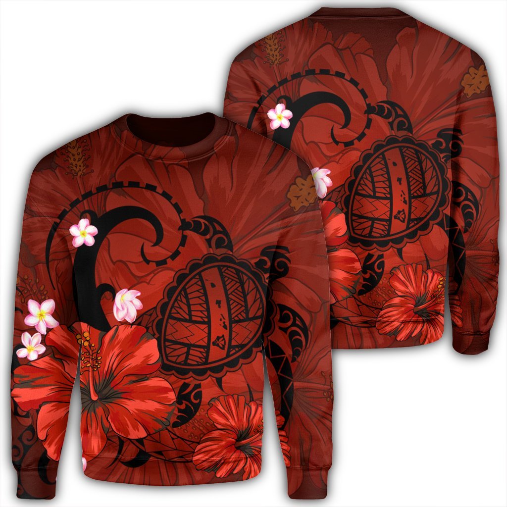 Hawaiian Map Big Turtle Hibiscus Plumeria Tribal Polynesian Sweatshirt - Red - AH Unisex Black - Polynesian Pride