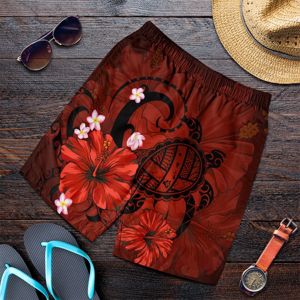 Hawaiian Map Big Turtle Hibiscus Plumeria Tribal Polynesian Men's Shorts - Red - AH Art - Polynesian Pride