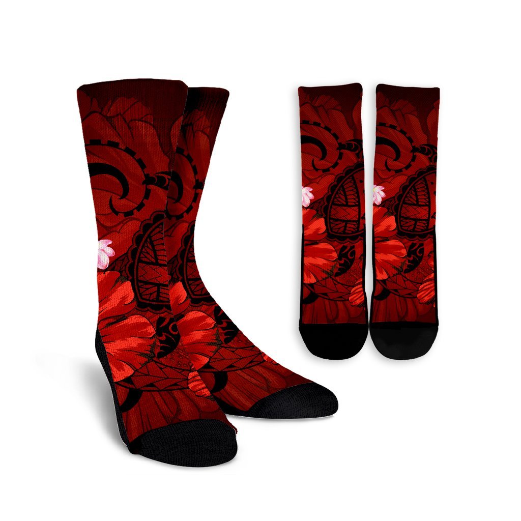 Hawaiian Map Big Turtle Hibiscus Plumeria Tribal Polynesian Crew Socks - Red - AH Crew Socks White - Polynesian Pride