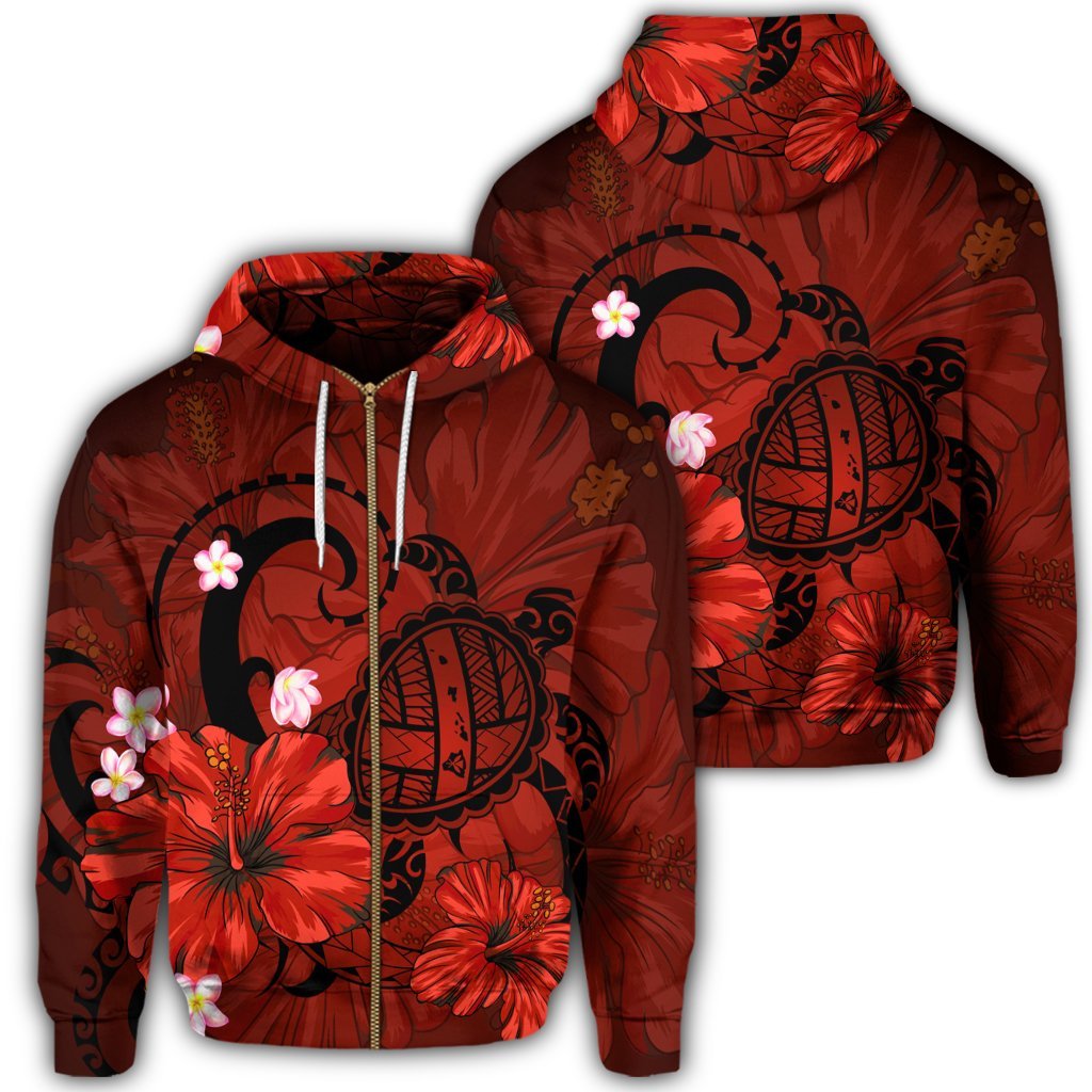 Hawaiian Map Big Turtle Hibiscus Plumeria Tribal Polynesian Zip Hoodie Red Unisex Art - Polynesian Pride