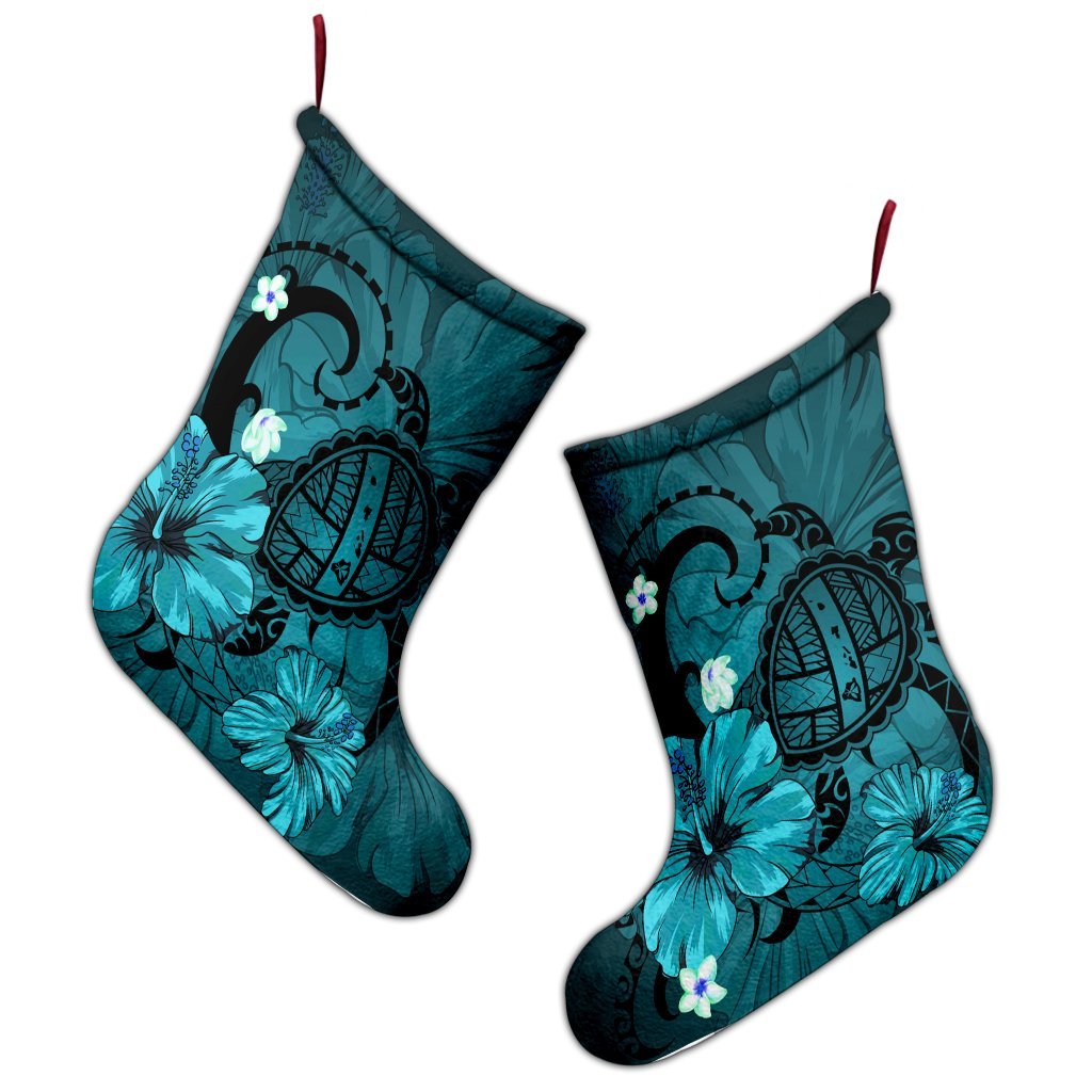 Hawaiian Map Big Turtle Hibiscus Plumeria Tribal Polynesian Christmas Stocking - Turquoise - AH - Polynesian Pride